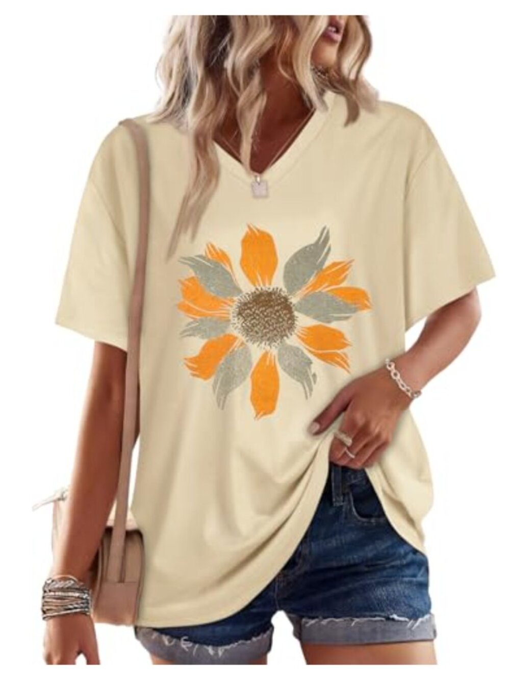 Women's Oversized V-Neck Graphic Tee Short Sleeve Summer Casual Top